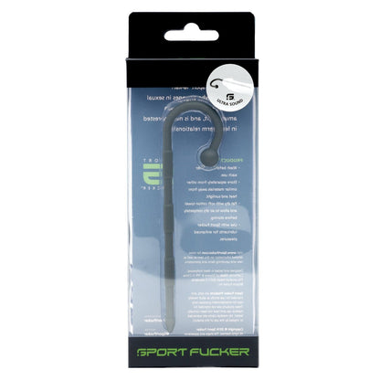 The image displays a packaged product labeled Sport Fucker Ultra Sound, featuring a long, slender medical-grade silicone tool with a hook at one end. The clear package includes text and a circular sticker stating 5 Extra Sound, attracting sound explorers.