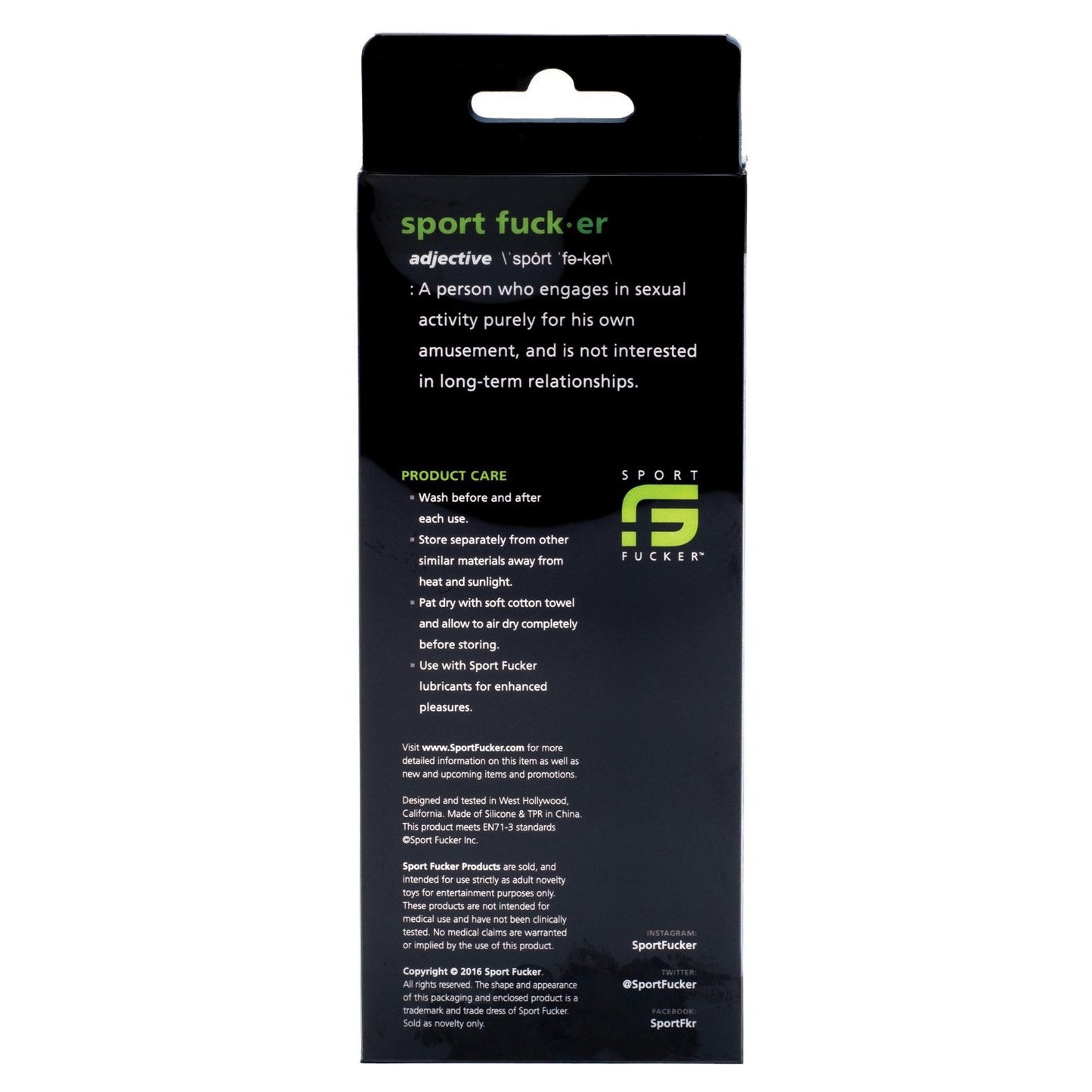 The black packaging for the Sport Fucker Ultra Sound includes the definition of sport fucker as someone uninterested in long-term relationships, alongside branding details and care instructions for its medical-grade silicone, ideal for sound explorers seeking premium silicone sounds.