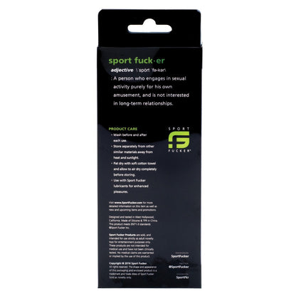 The black packaging for the Sport Fucker Ultra Sound includes the definition of sport fucker as someone uninterested in long-term relationships, alongside branding details and care instructions for its medical-grade silicone, ideal for sound explorers seeking premium silicone sounds.