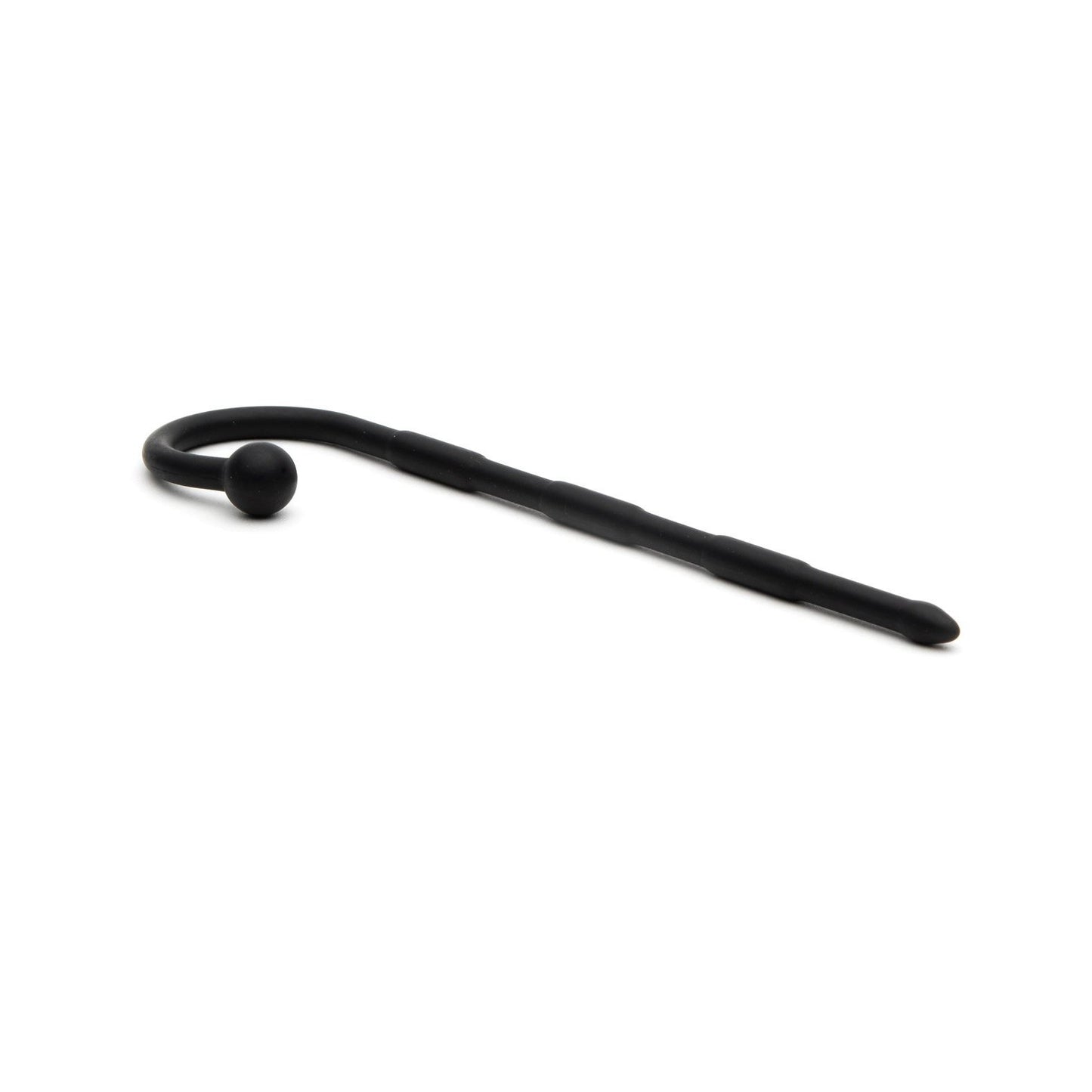 On a white background, the black Sport Fucker Ultra Sound cane by Sport Fucker showcases a curved-back design with a spherical handle and ridged shaft, reminiscent of sound explorers and evokes the precision and quality of medical-grade silicone.