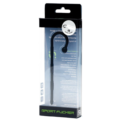 A black curved Sport Fucker Ultra Sound, crafted from medical-grade silicone, is showcased in a clear plastic package with white text and a green logo at the bottom. The brand Sport Fucker appears in green text, highlighting its appeal to sound explorers.