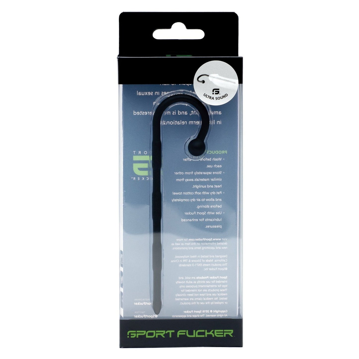 Displayed in transparent packaging with a black border and text, the sleek black Sport Fucker Ultra Sound is crafted from medical-grade silicone, shaped like a curved rod, and invites sound explorers to experience silicone sounds.