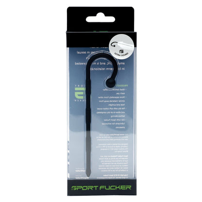 Displayed in transparent packaging with a black border and text, the sleek black Sport Fucker Ultra Sound is crafted from medical-grade silicone, shaped like a curved rod, and invites sound explorers to experience silicone sounds.