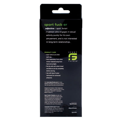 The sleek black packaging for Sport Fucker Ultra Sound includes a definition, care tips like washing before and after use, storing separately, and avoiding direct sunlight. Made from medical grade silicone for sound explorers, company info and the website are elegantly placed at the bottom.
