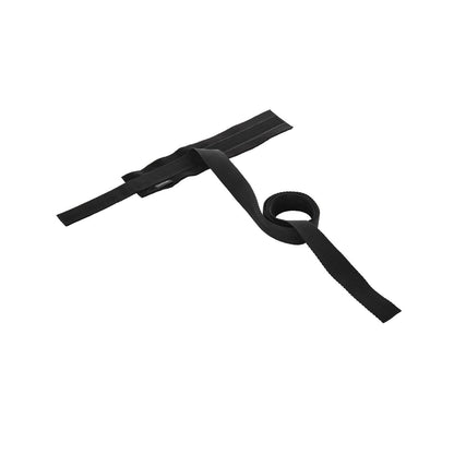 A black belt from the Sportsheets Beginners Bondage Fantasy Kit by Sportsheets International lies flat on a white background, its loose coil at one end suggesting soft restraints, while the rest extends straight.