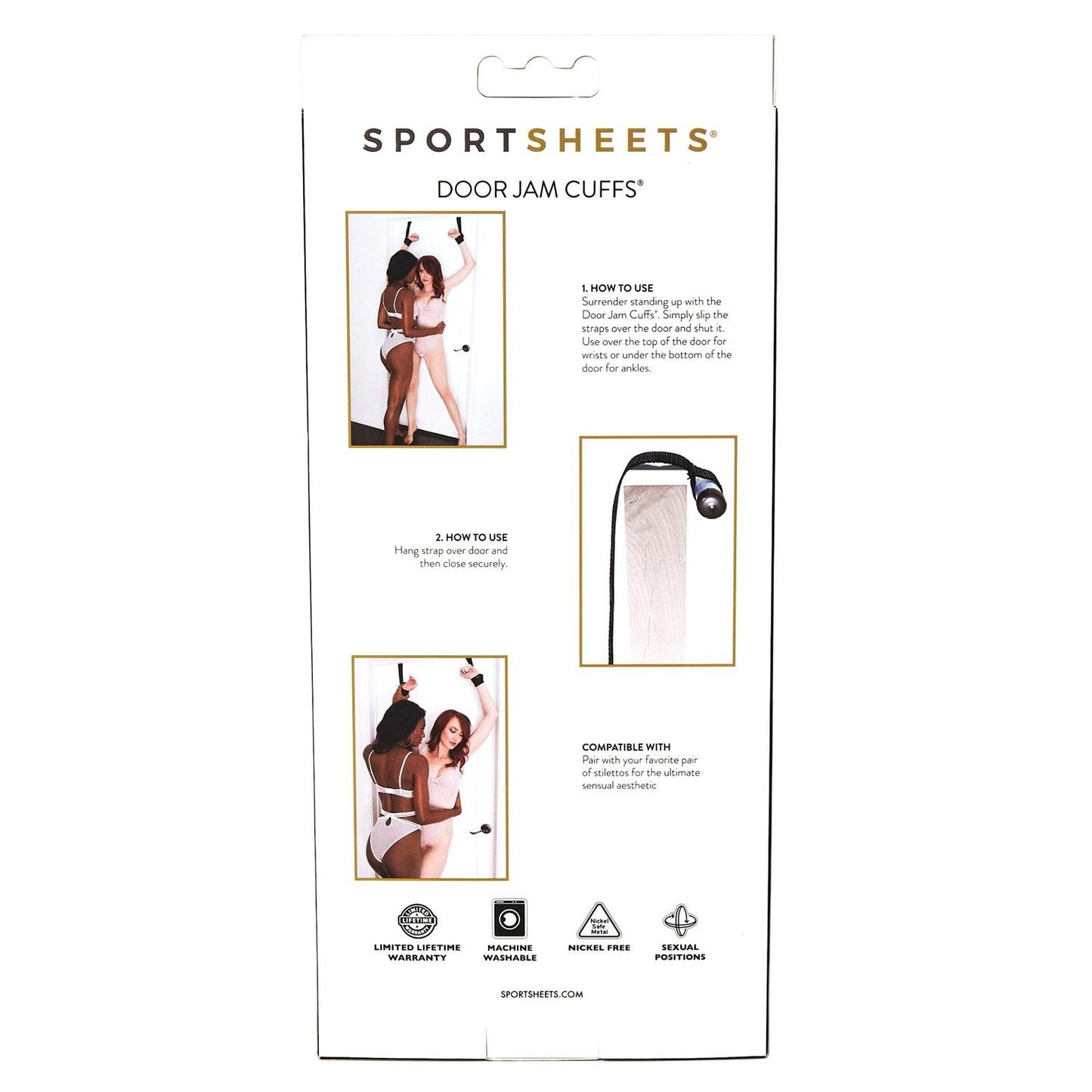 The Adams Toy Box Sportsheets Door Jam Cuffs come in a sleek white box featuring two photos of a person in lingerie using the cuffs, plus an image of the product. The packaging includes instructions and notes on compatibility with comfort straps for added pleasure.