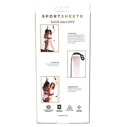The Adams Toy Box Sportsheets Door Jam Cuffs come in a sleek white box featuring two photos of a person in lingerie using the cuffs, plus an image of the product. The packaging includes instructions and notes on compatibility with comfort straps for added pleasure.