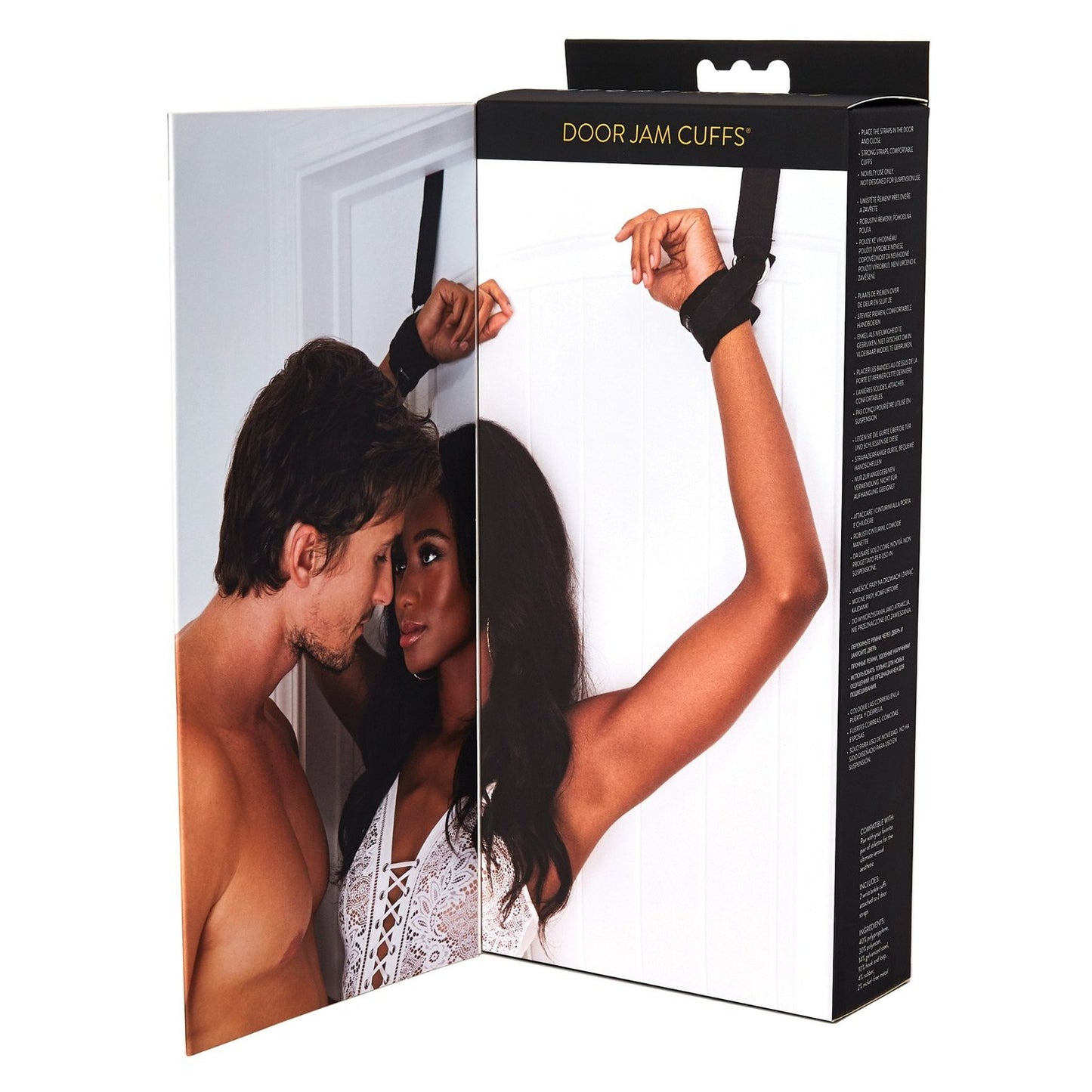 The packaging of Adams Toy Boxs Sportsheets Door Jam Cuffs features a couple intimately posed, with the woman wearing comfort straps as wrist restraints. The box prominently displays the Door Jam Cuffs label, suggesting an enticing experience.