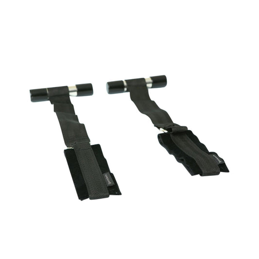 Two black Sportsheets Door Jam Cuffs by Adams Toy Box, featuring padded buckles for anchoring or resistance exercises, lie side by side on a white background.