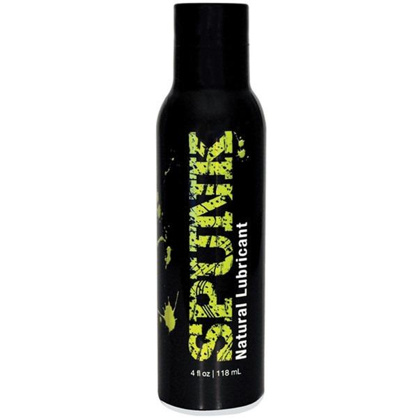 A 4 fl oz (118 mL) black bottle of Spunk Lubes Spunk 100% Natural Lube with a green splatter design offers smooth personal lubrication, safe for any sex toy.