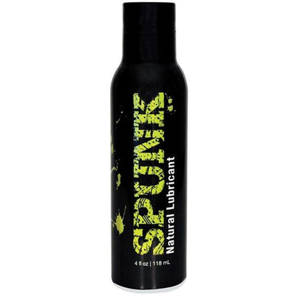 A 4 fl oz (118 mL) black bottle of Spunk Lubes Spunk 100% Natural Lube with a green splatter design offers smooth personal lubrication, safe for any sex toy.