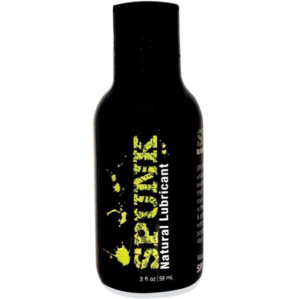 The Spunk 100% Natural Lube by Spunk Lube comes in a sleek black bottle with a splash design, holding 2 fl oz (59 ml) of premium natural lubricant. Its perfect for personal use, safe for sex toys, and enhances intimate experiences.