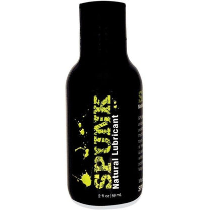The Spunk 100% Natural Lube by Spunk Lube comes in a sleek black bottle with a splash design, holding 2 fl oz (59 ml) of premium natural lubricant. Its perfect for personal use, safe for sex toys, and enhances intimate experiences.