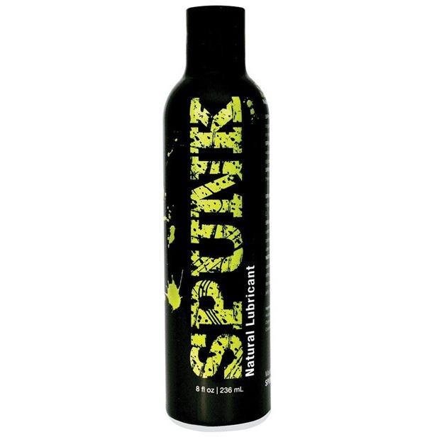 An 8 oz (236 mL) Spunk 100% Natural Lube bottle features bold, distressed yellow lettering on its black surface. This personal lubricant from Spunk Lube is sex toy safe, offering a smooth and silky feel for enhanced experiences.