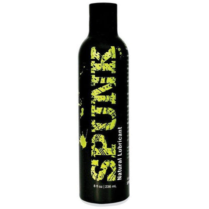 An 8 oz (236 mL) Spunk 100% Natural Lube bottle features bold, distressed yellow lettering on its black surface. This personal lubricant from Spunk Lube is sex toy safe, offering a smooth and silky feel for enhanced experiences.