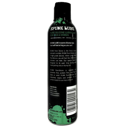 A black Spunk Pure Silicone Lube bottle, with white and green text, promotes its hypo-allergenic properties and smooth, long-lasting texture for all. The label also features a barcode and website link.