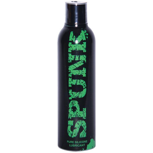 A black bottle with a silver cap, labeled SPUNK in large green letters and PURE SILICONE LUBRICANT near the base, highlights the hypo-allergenic and long-lasting qualities of Spunk Lubes Pure Silicone Lube.