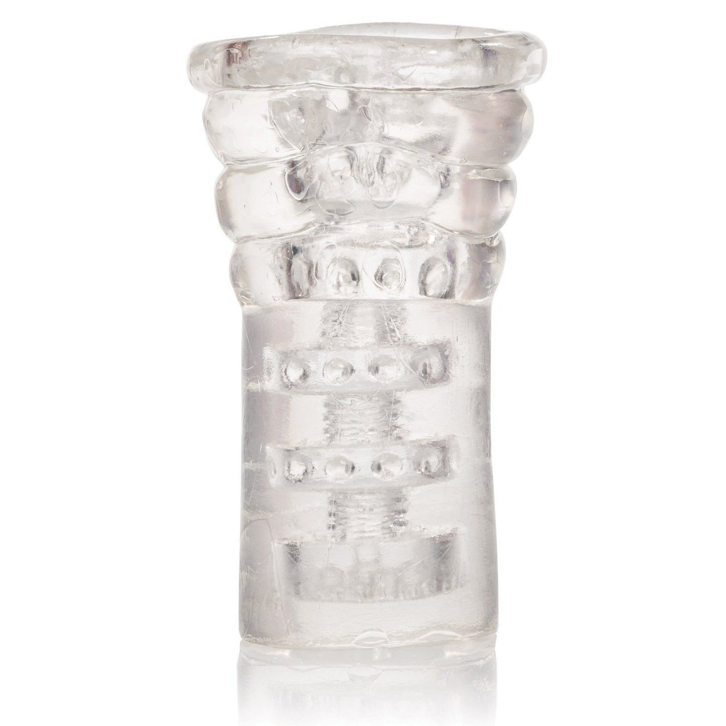 The Sue Johanson Head Honcho by California Exotic Novelties is a transparent, textured cylindrical object with ribbed and spiral patterns from top to bottom, resembling a silicone masturbation sleeve.