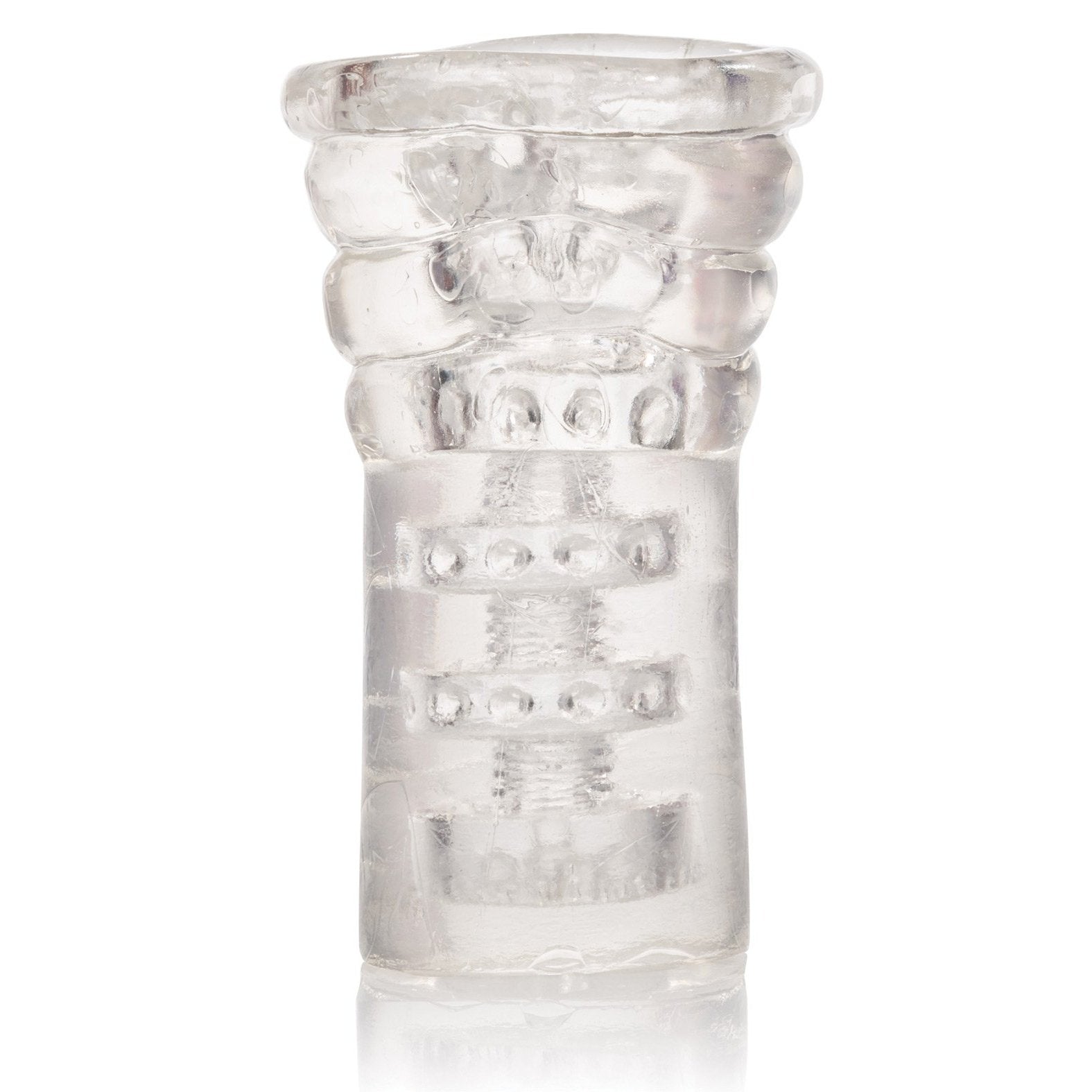 The Sue Johanson Head Honcho by California Exotic Novelties is a transparent, textured cylindrical object with ribbed and spiral patterns from top to bottom, resembling a silicone masturbation sleeve.