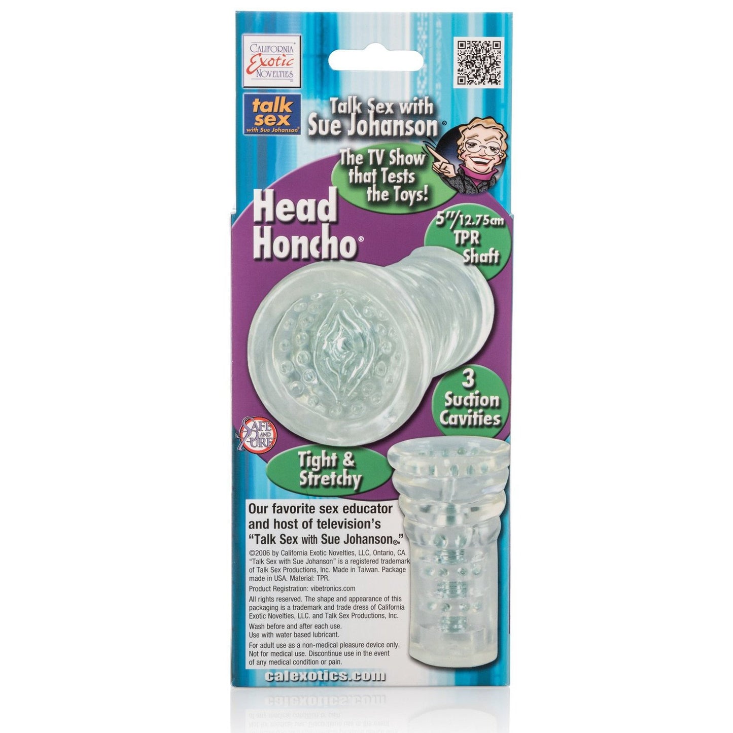 The packaging features the Sue Johanson Head Honcho from California Exotic Novelties, endorsed by a popular TV show. It emphasizes its size, premium silicone material with tight & stretchy characteristics, and three suction cavities, enhanced by vivid illustrations.