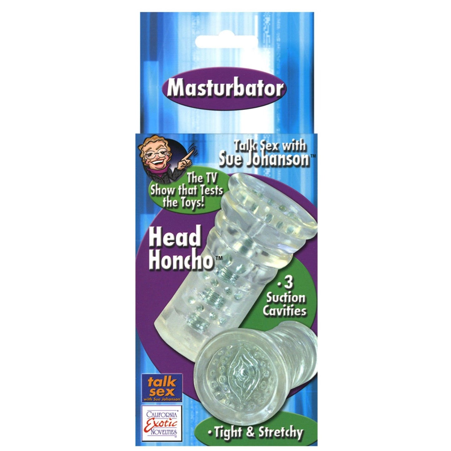 The packaging of the Sue Johanson Head Honcho by California Exotic Novelties highlights a clear textured silicone masturbation sleeve with 3 Suction Cavities, endorsed by Sue Johanson and featuring striking promotional branding and images.