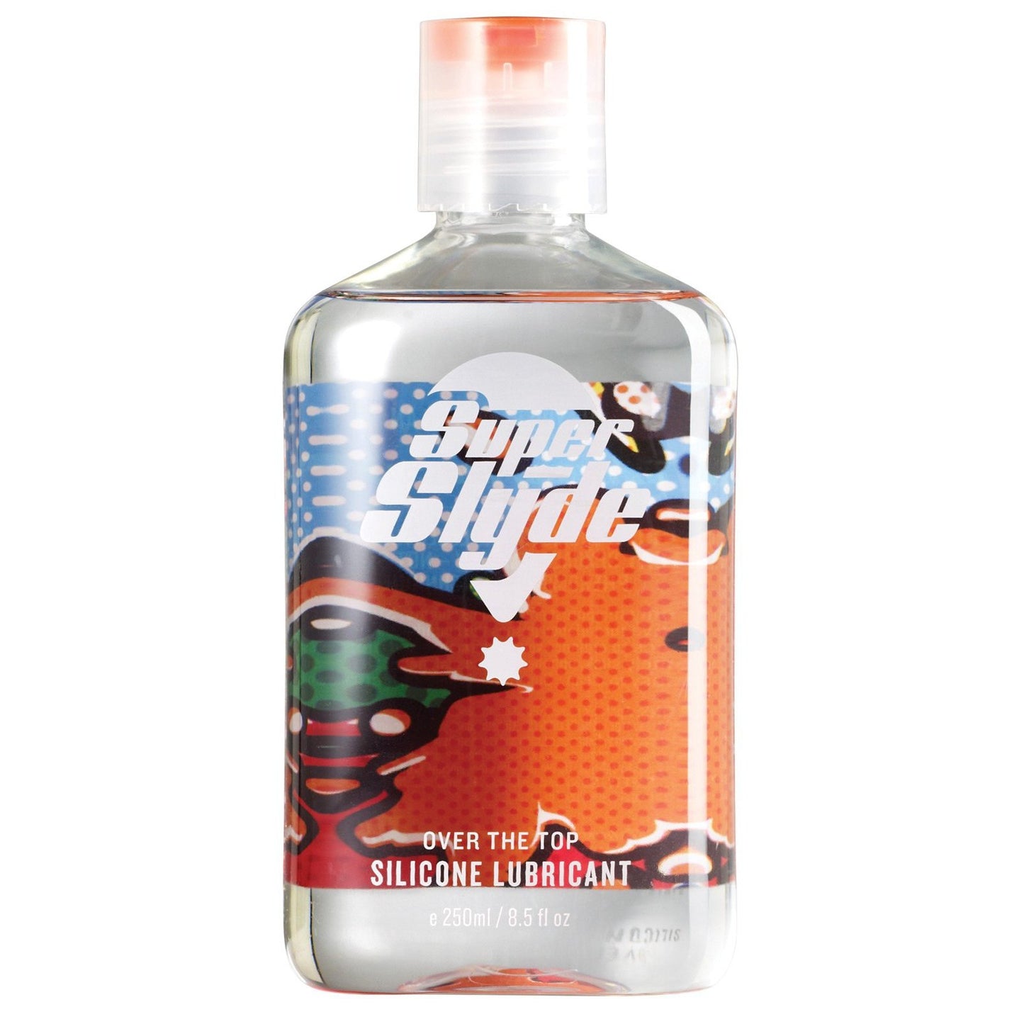 The SuperSlyde Silicone Lubricant from Adams Toy Box comes in a 250 ml (8.5 fl oz) plastic bottle with a clear cap, featuring an abstract design on its label, and is suitable for sensitive skin, ensuring comfort and reliability.