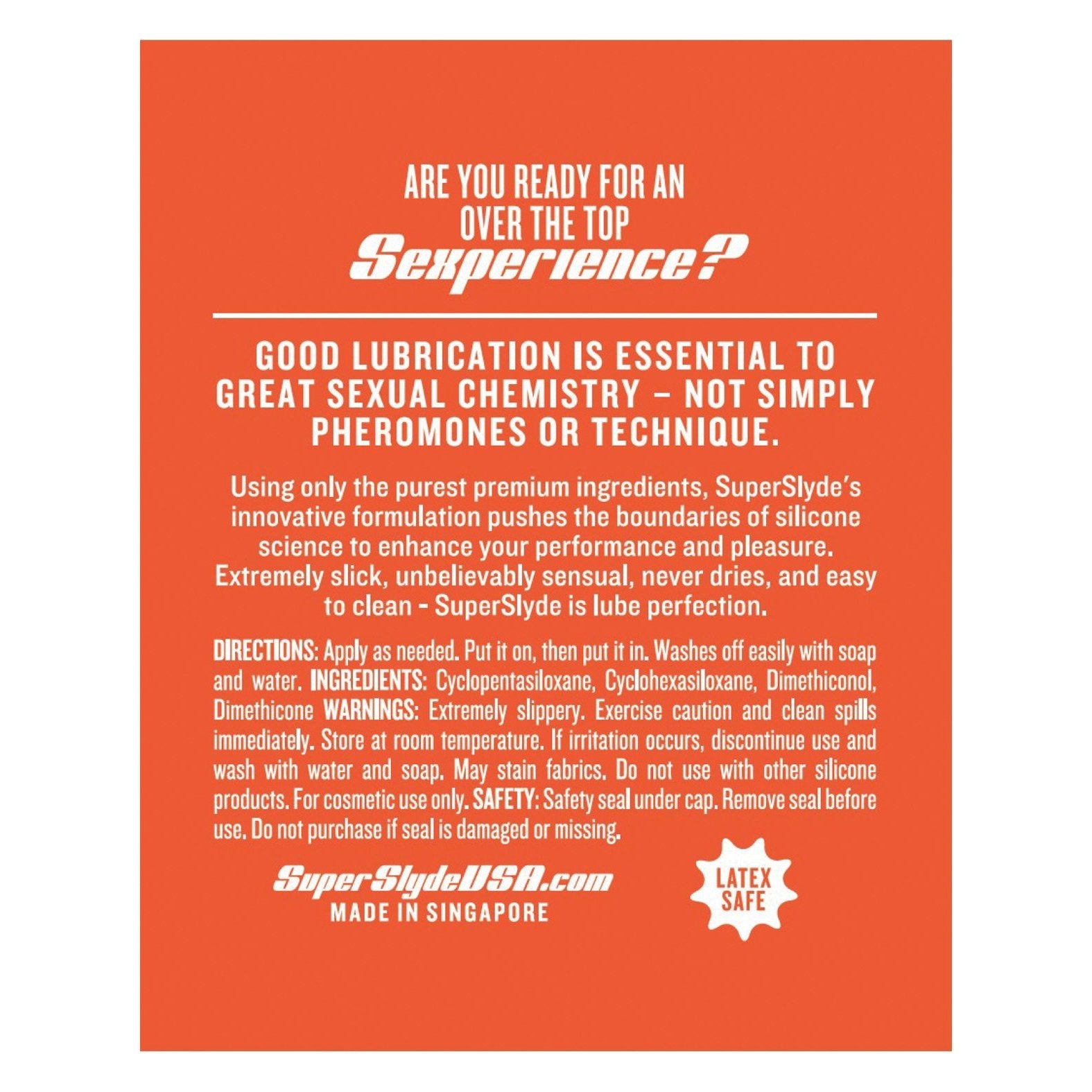 The ad for SuperSlyde Silicone Lubricant by Adams Toy Box promises a long-lasting, silicone-based lube that enhances sexual experiences. Its sensitive-skin-friendly and highlights quality with detailed ingredients, directions, and warnings. Made with care in Singapore.