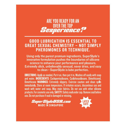 The ad for SuperSlyde Silicone Lubricant by Adams Toy Box promises a long-lasting, silicone-based lube that enhances sexual experiences. Its sensitive-skin-friendly and highlights quality with detailed ingredients, directions, and warnings. Made with care in Singapore.