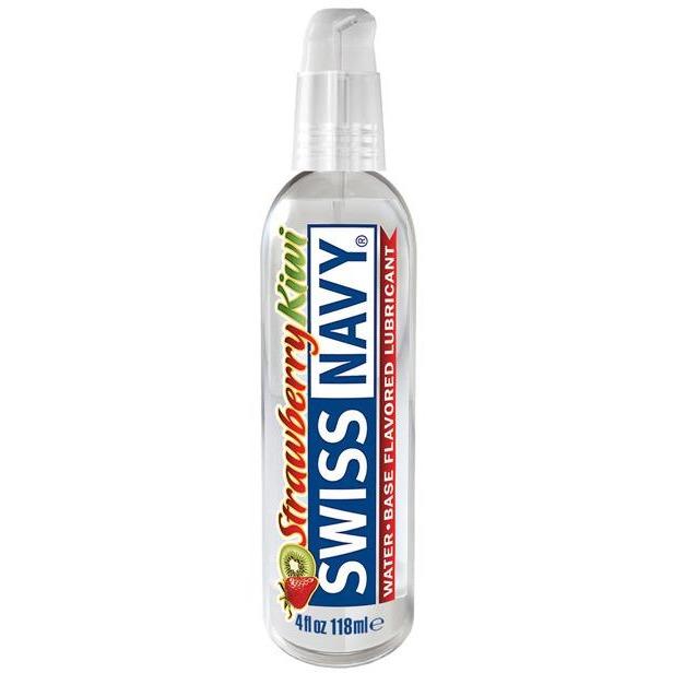 A transparent bottle of Swiss Navy Flavors by Swiss Navy, featuring a non-sticky formula and realistic strawberry kiwi flavor. The 4 fl oz (118 ml) water-based lubricant has a convenient pump dispenser and a label with strawberries and kiwi images.