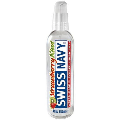 A transparent bottle of Swiss Navy Flavors by Swiss Navy, featuring a non-sticky formula and realistic strawberry kiwi flavor. The 4 fl oz (118 ml) water-based lubricant has a convenient pump dispenser and a label with strawberries and kiwi images.