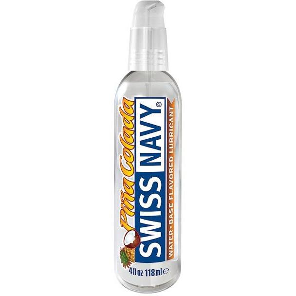 Discover Swiss Navy Flavors in Pina Colada, offering a non-sticky formula and real taste. The 4 fl oz bottle features a clear design, easy pump top, and lively coconut and pineapple graphics.