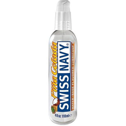 Discover Swiss Navy Flavors in Pina Colada, offering a non-sticky formula and real taste. The 4 fl oz bottle features a clear design, easy pump top, and lively coconut and pineapple graphics.