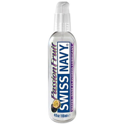 The 118 ml Swiss Navy Flavors bottle features Passion Fruit flavor, offering a realistic taste. Its clear packaging has purple and blue text with a passion fruit image. The non-sticky formula comes in a convenient white flip-top cap bottle.