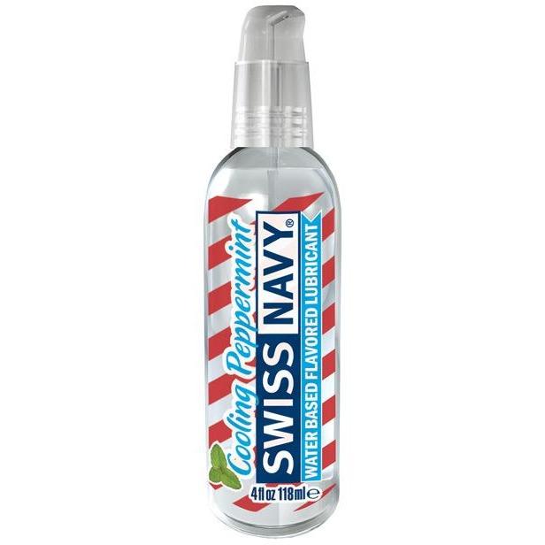 Swiss Navy Flavors offers a 4 fl oz (118 ml) bottle of Cooling Peppermint lubricant, featuring a non-sticky formula and authentic taste. Its red and white striped label includes a mint leaf design, perfect for enhancing your intimate moments.