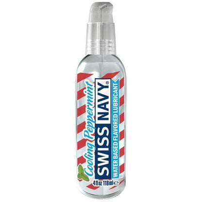 Swiss Navy Flavors offers a 4 fl oz (118 ml) bottle of Cooling Peppermint lubricant, featuring a non-sticky formula and authentic taste. Its red and white striped label includes a mint leaf design, perfect for enhancing your intimate moments.
