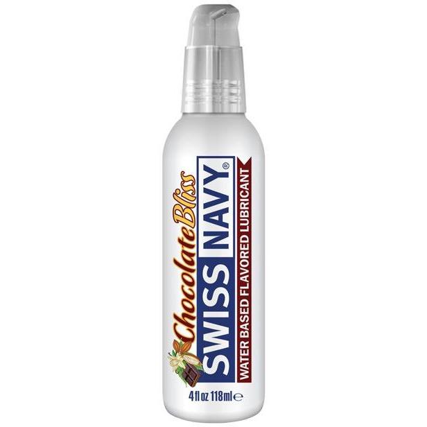 Try the Swiss Navy Flavors - 6 Flavors, featuring the Chocolate Bliss water-based lubricant in a stylish white bottle with clear cap and brown/blue text. Part of the Swiss Navy line, its realistic flavors and non-sticky formula ensure ultimate pleasure.