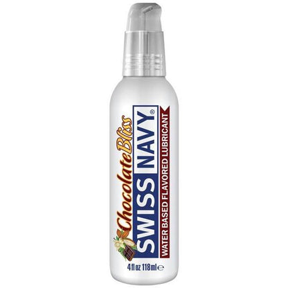 Try the Swiss Navy Flavors - 6 Flavors, featuring the Chocolate Bliss water-based lubricant in a stylish white bottle with clear cap and brown/blue text. Part of the Swiss Navy line, its realistic flavors and non-sticky formula ensure ultimate pleasure.