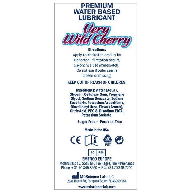 Label of Very Wild Cherry water-based lubricant, part of Swiss Navy Flavors (6 flavors), featuring realistic tastes. Non-sticky formula with directions, ingredients, safety info, and manufactured by MD Science Lab LLC, Florida.