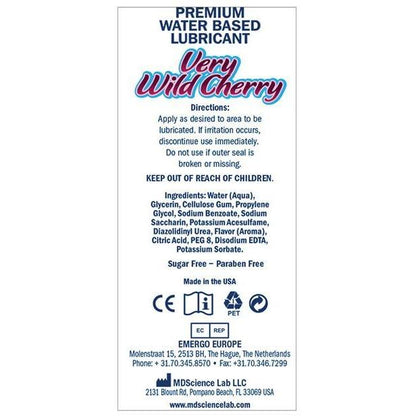 Label of Very Wild Cherry water-based lubricant, part of Swiss Navy Flavors (6 flavors), featuring realistic tastes. Non-sticky formula with directions, ingredients, safety info, and manufactured by MD Science Lab LLC, Florida.