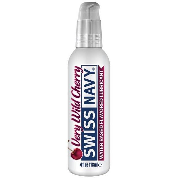 The Swiss Navy Flavors in Very Wild Cherry, 4 oz, offers a non-sticky formula for smooth use. It comes in a white bottle with a clear cap, decorated with red and blue text and an enticing cherry image above the brand name.