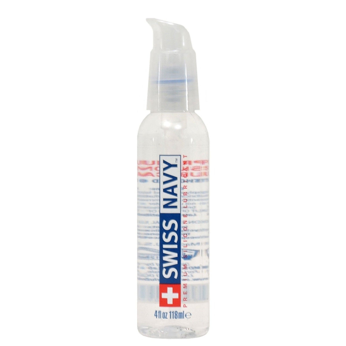 Swiss Navys Silicone Lube comes in a 4 fl oz clear bottle with a pump. It features a silky, hypo-allergenic formula and has white packaging accented with red and blue text, ensuring premium quality for personal use.