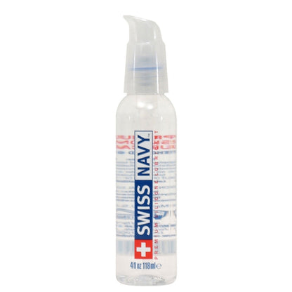 Swiss Navys Silicone Lube comes in a 4 fl oz clear bottle with a pump. It features a silky, hypo-allergenic formula and has white packaging accented with red and blue text, ensuring premium quality for personal use.