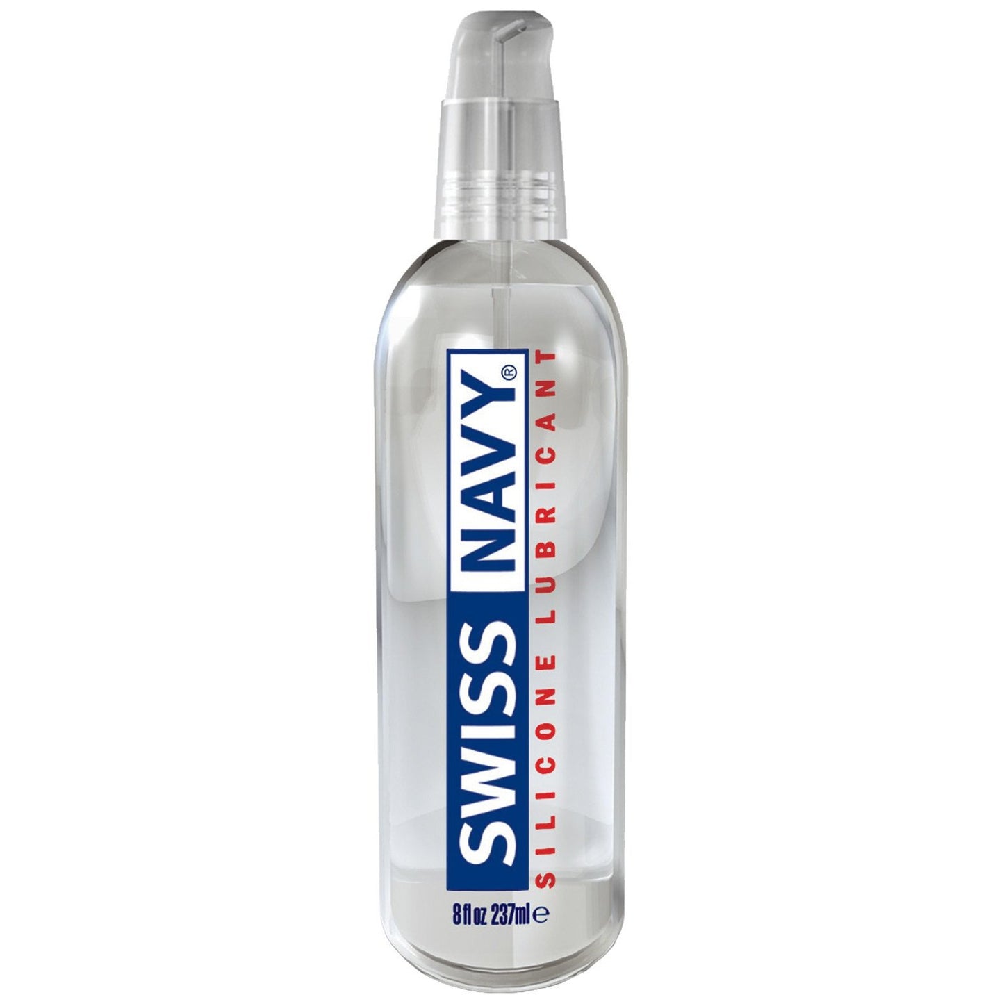 An 8 fl oz (237 ml) clear bottle with a pump dispenser labeled Swiss Navy Lube Silicone features red and blue text. The minimalistic design is ideal for those looking for a hypo-allergenic solution.