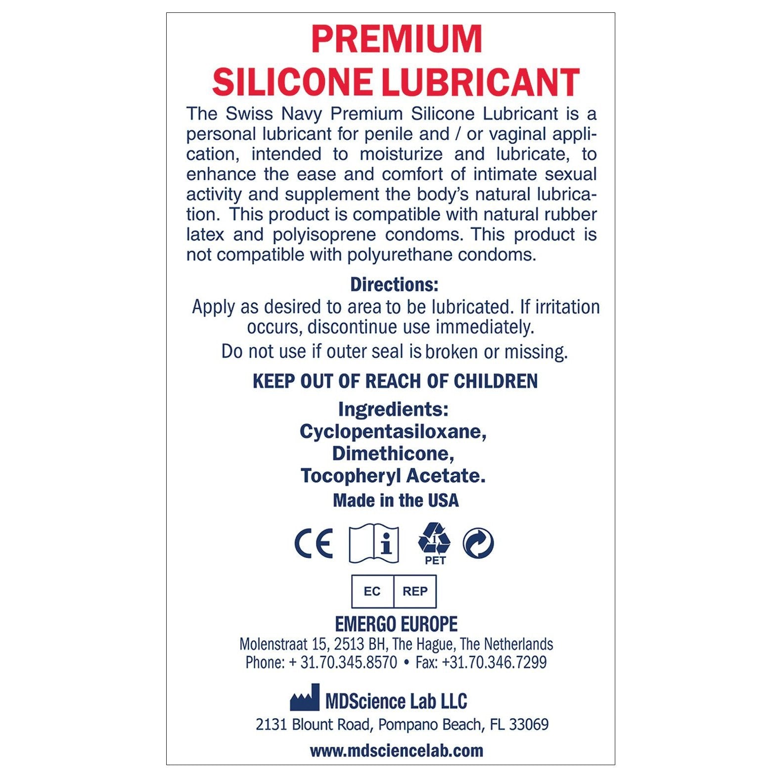 Swiss Navy Lube Silicone label: Personal use, hypo-allergenic, enhances natural lubrication, specific materials compatible. Includes warnings, ingredients, and contact info. Made in the USA. Keep away from children.
