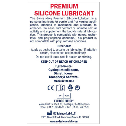 Swiss Navy Lube Silicone label: Personal use, hypo-allergenic, enhances natural lubrication, specific materials compatible. Includes warnings, ingredients, and contact info. Made in the USA. Keep away from children.