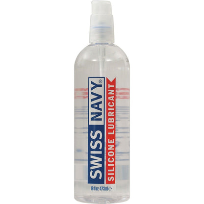A clear bottle of Swiss Navy Lube Silicone with a white pump top features blue and red labeled accents, highlighting Swiss Navy Lube and the size, 16 fl oz (473 ml). It offers hypo-allergenic properties for comfort.