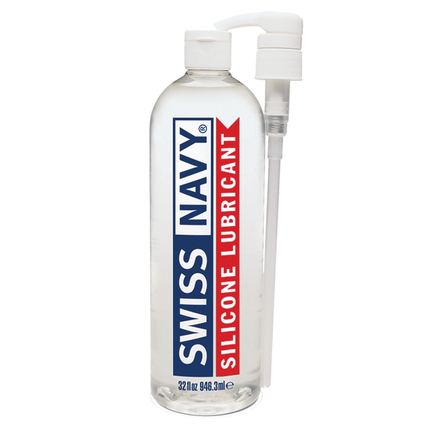 A 32 fl oz (946.3 ml) clear bottle of Swiss Navy Lube Silicone, featuring a pump dispenser, hypo-allergenic and smooth formula; the label displays the Swiss Navy brand in blue and Silicone Lubricant in red.