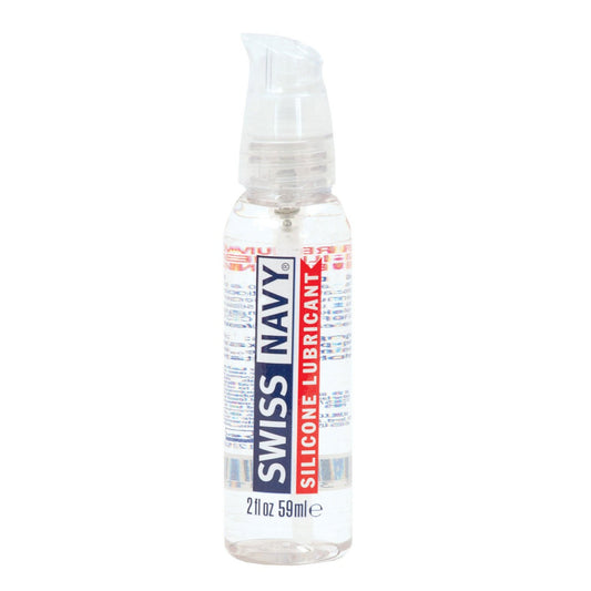 A clear bottle of Swiss Navy Lube Silicone, hypo-allergenic and with a pump dispenser, features sleek design with blue and red text showcasing its 2 fl oz (59 ml) capacity.