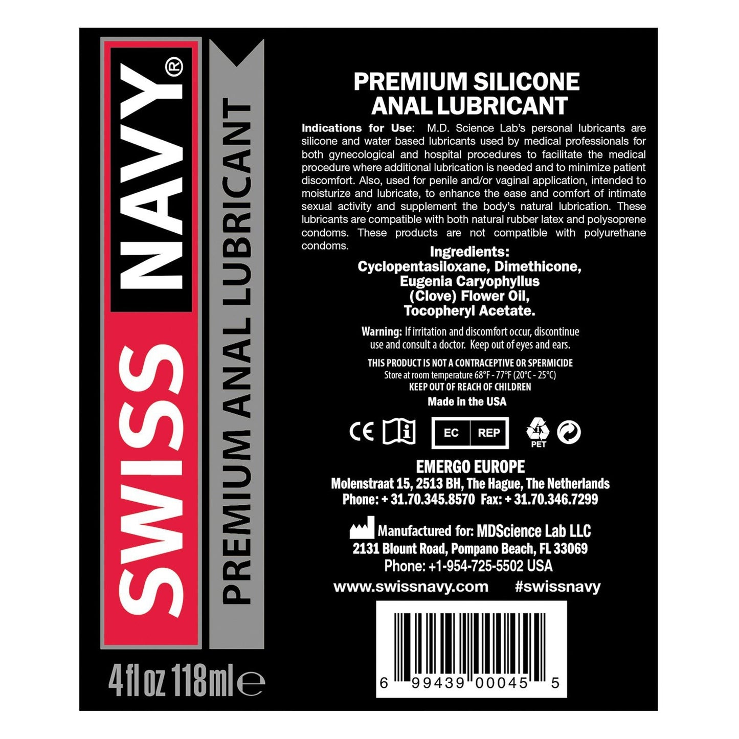 Swiss Navy Silicone Anal Lube by MD Science Labs comes in a 4 fl oz bottle with a bold black, red, and white design featuring usage instructions, clove leaf oil as an ingredient, and contact details.