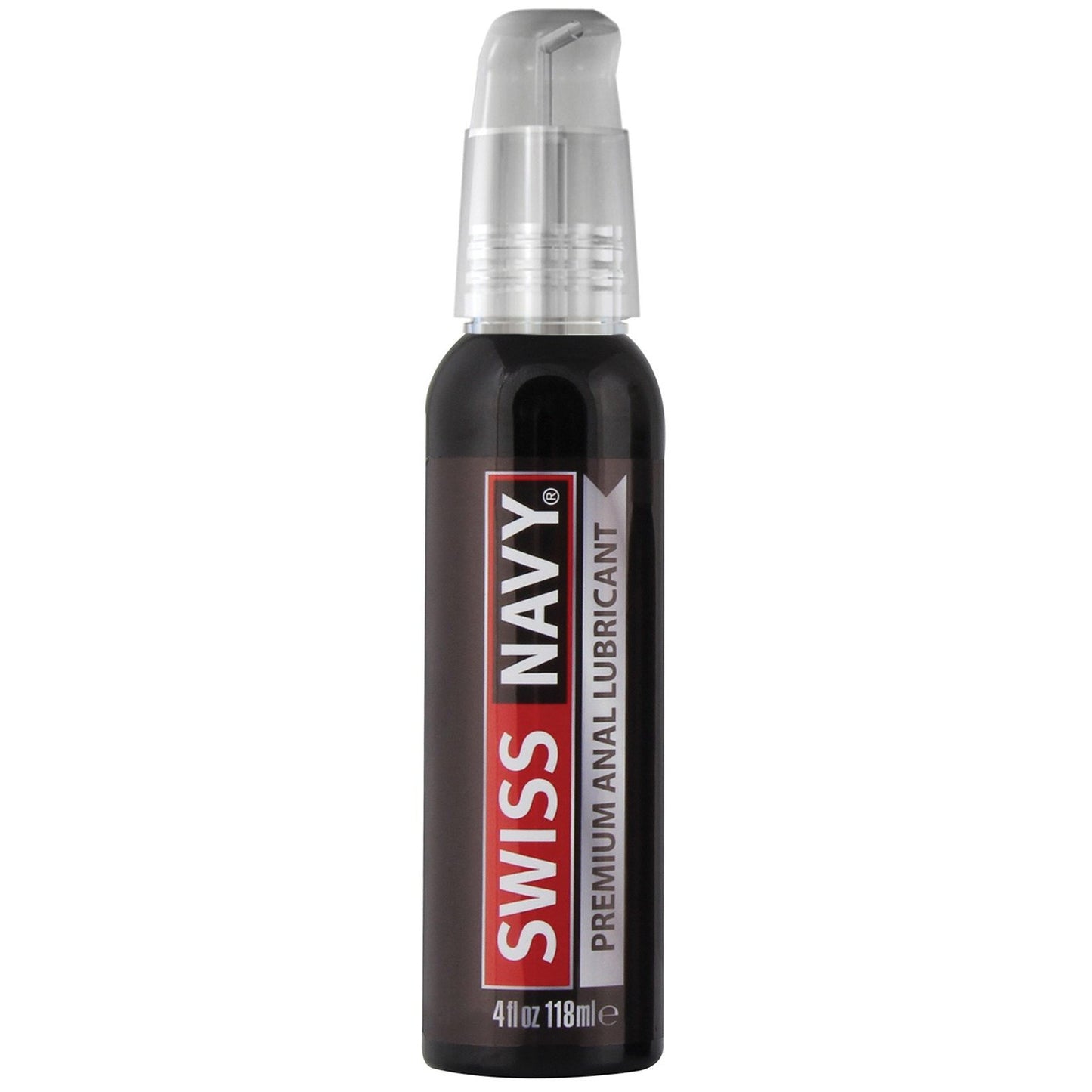 MD Science Labs Swiss Navy Silicone Anal Lube comes in an elegant dark 4 oz bottle with a pump dispenser, adorned with a red and white label, providing high-quality lubricant for enhanced comfort and pleasure.